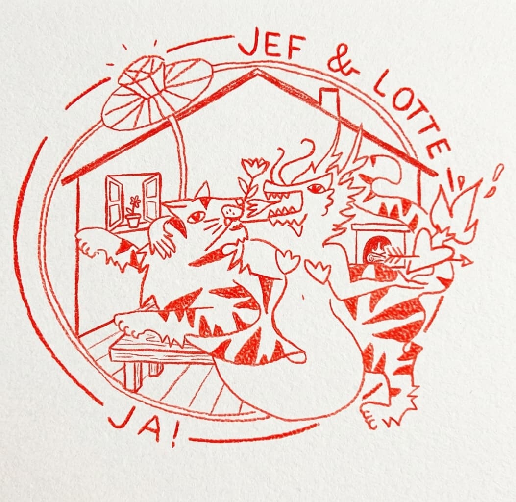 Rode handgetekende illustratie van het huis van Jef en Lotte